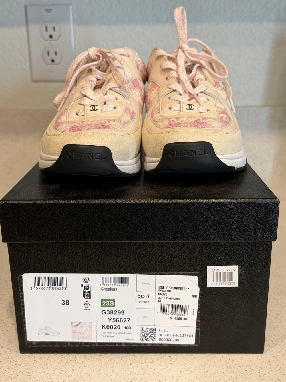 CHANEL Pink and Beige Tweed Runner Sneakers - size US 7.5/EU38